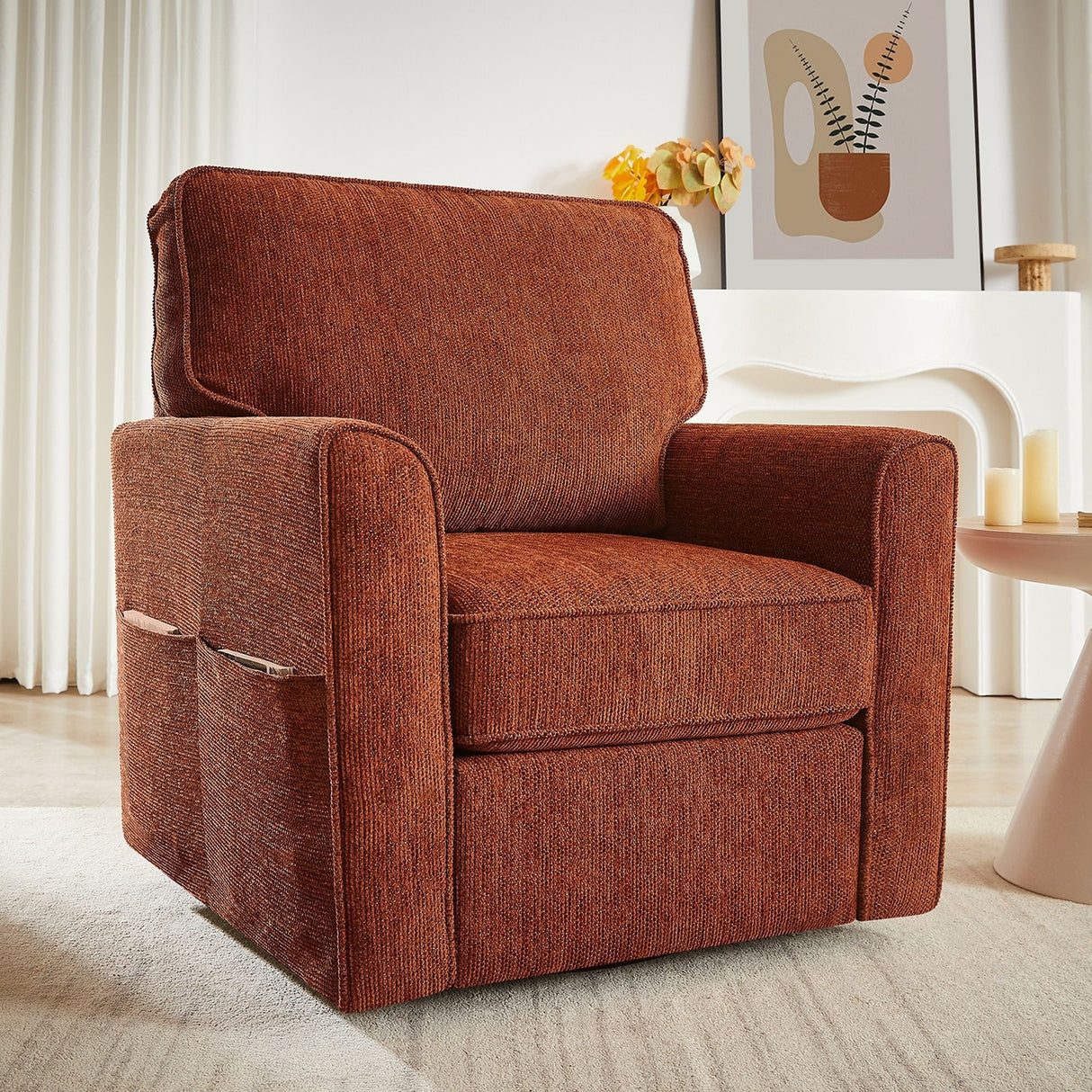 360° Swivel Accent Barrel Armchair With Side Pockets, Compact Design by Couch.com