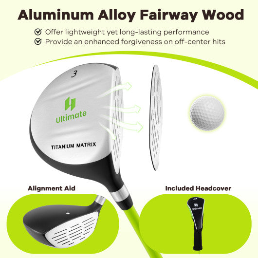 34 Inch 165CC Junior #3 Fairway Wood Golf Club with Fiberglass Shaft for Kids Ages 8-10-Green