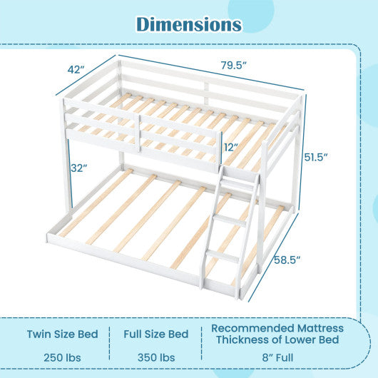 Twin Over Full Bunk Bed Low Floor Bunk Bed Frame-White
