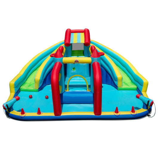 Inflatable Double Water Slide Park with Obstacle Course and Basketball Hoops