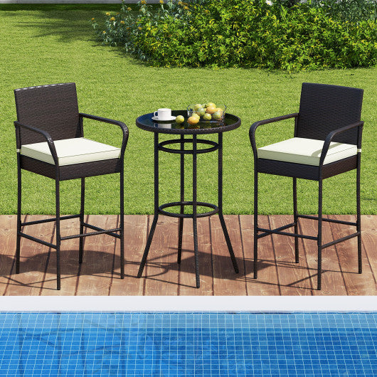 Patio Rattan Bar Height Table and Chairs with 2 Seat Cushions for Porch-White