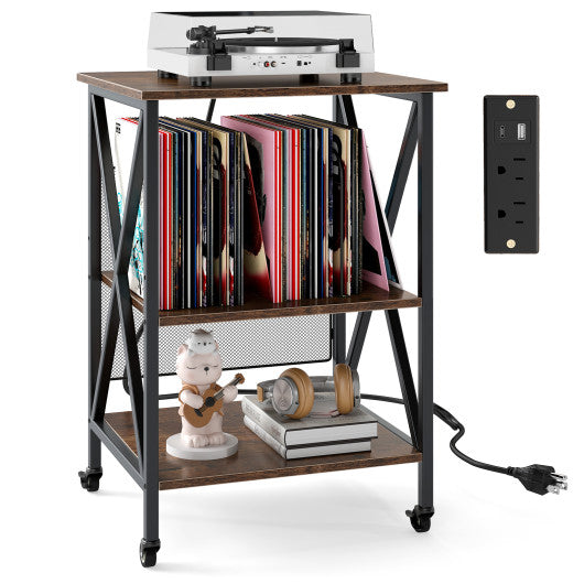 3-Tier Record Player Stand with Charging Station and Adjustable Shelf-Coffee
