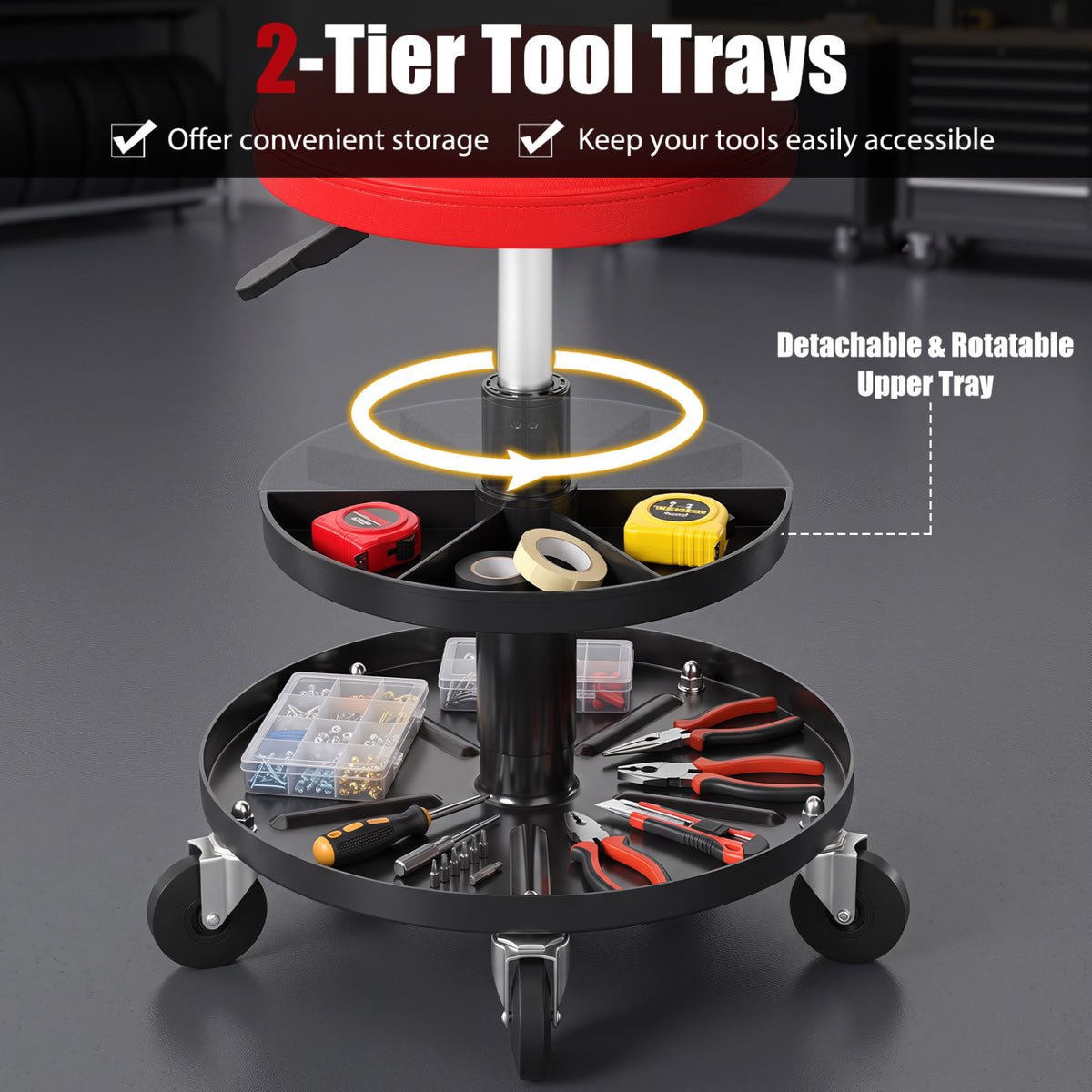 16.5"-22" Adjustable Height Seat Rolling Mechanic Stool with Wheels-Red