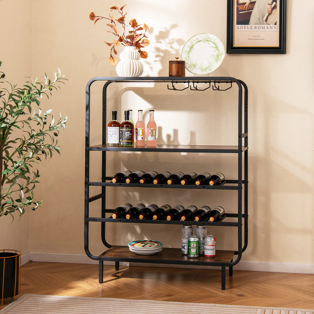 16 Bottle Wine Rack with 5-Tier Wine Shelf and Glass Holders for Kitchen Bar-Rustic Brown