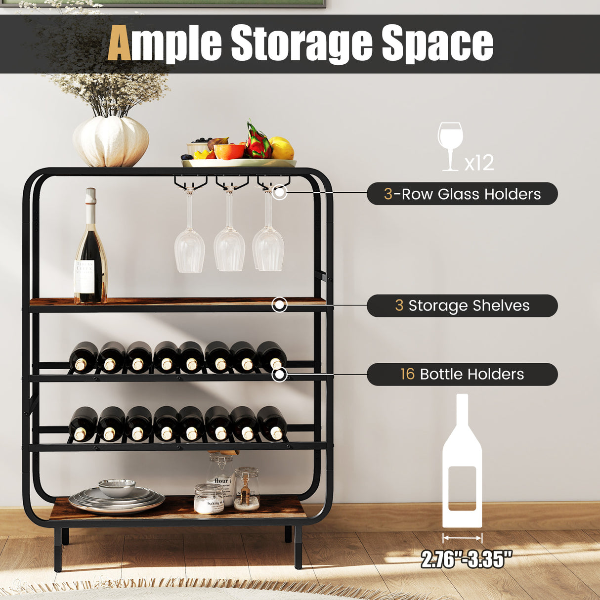 16 Bottle Wine Rack with 5-Tier Wine Shelf and Glass Holders for Kitchen Bar-Rustic Brown
