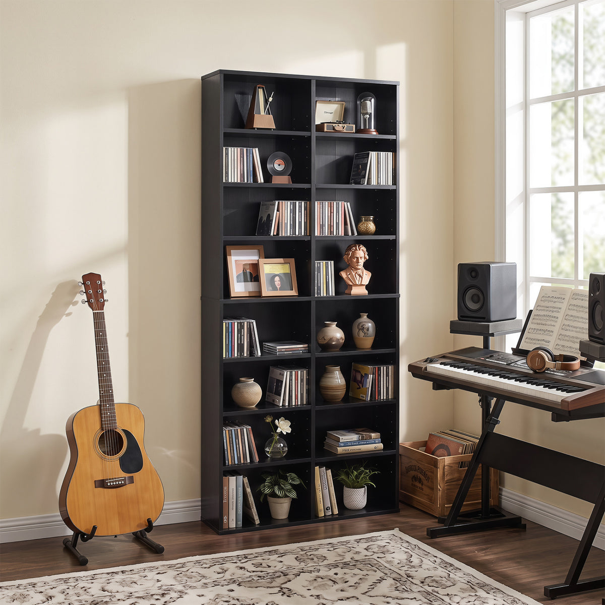 16 Compartment CD Storage Unit 54" Freestanding Open Display Shelf with 12 Removable Shelves-Black