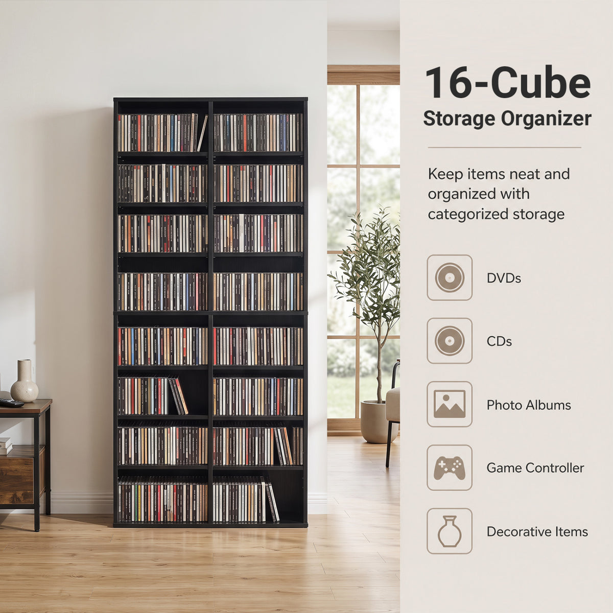 16 Compartment CD Storage Unit 54" Freestanding Open Display Shelf with 12 Removable Shelves-Black