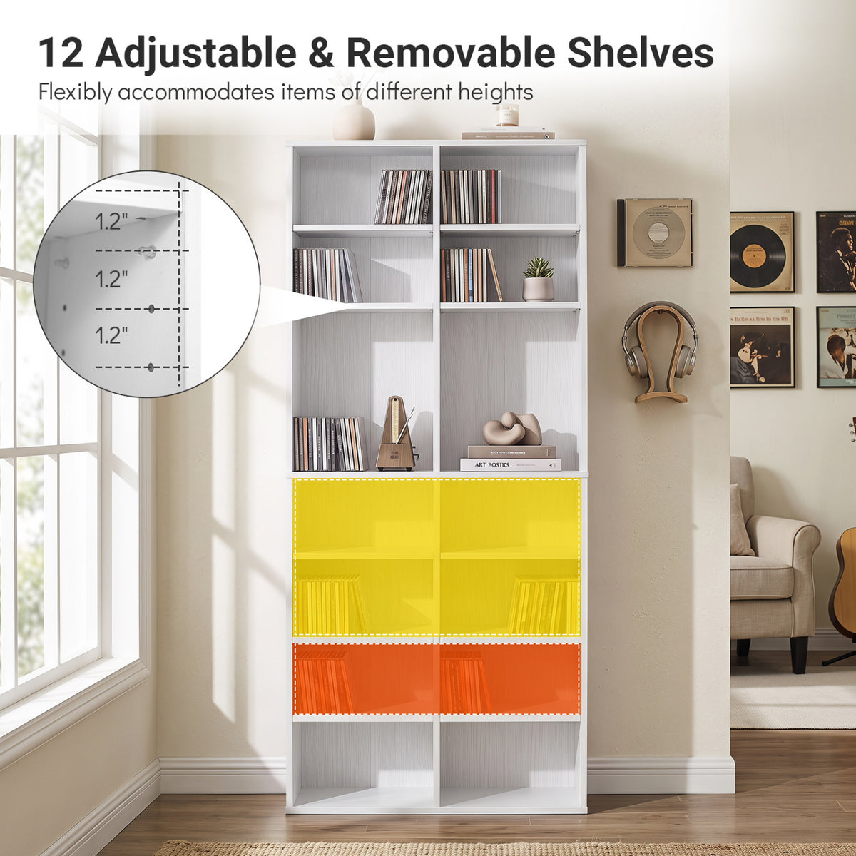 16 Compartment CD Storage Unit 54" Freestanding Open Display Shelf with 12 Removable Shelves-White