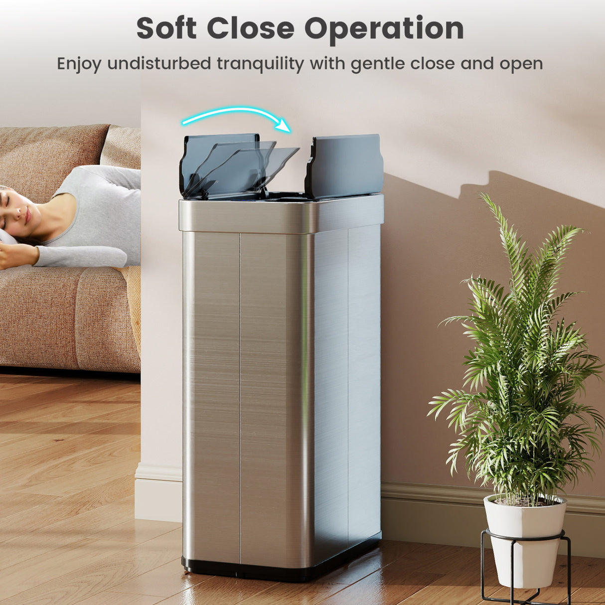 16 Gallon Trash Can with Wing Lids for Bedroom Bathroom Kitchen-Silver