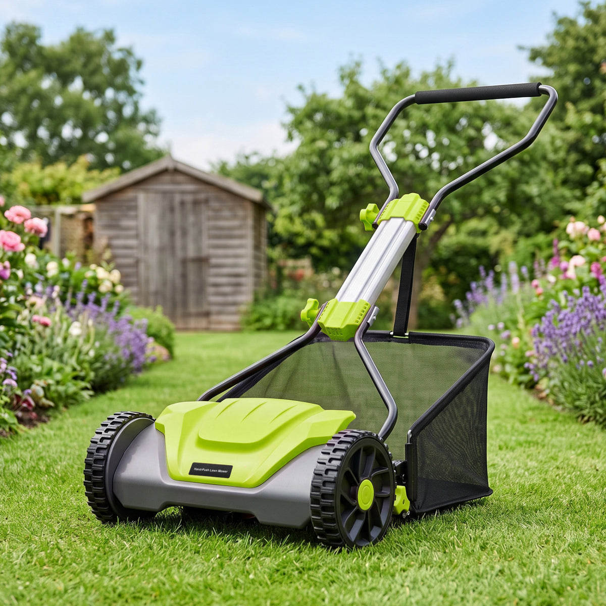 16 Inch Adjustable Cutting Heights 5-Blade Push Reel Lawn Mower with 8 Gal Removable Grass Catcher Bag-Green