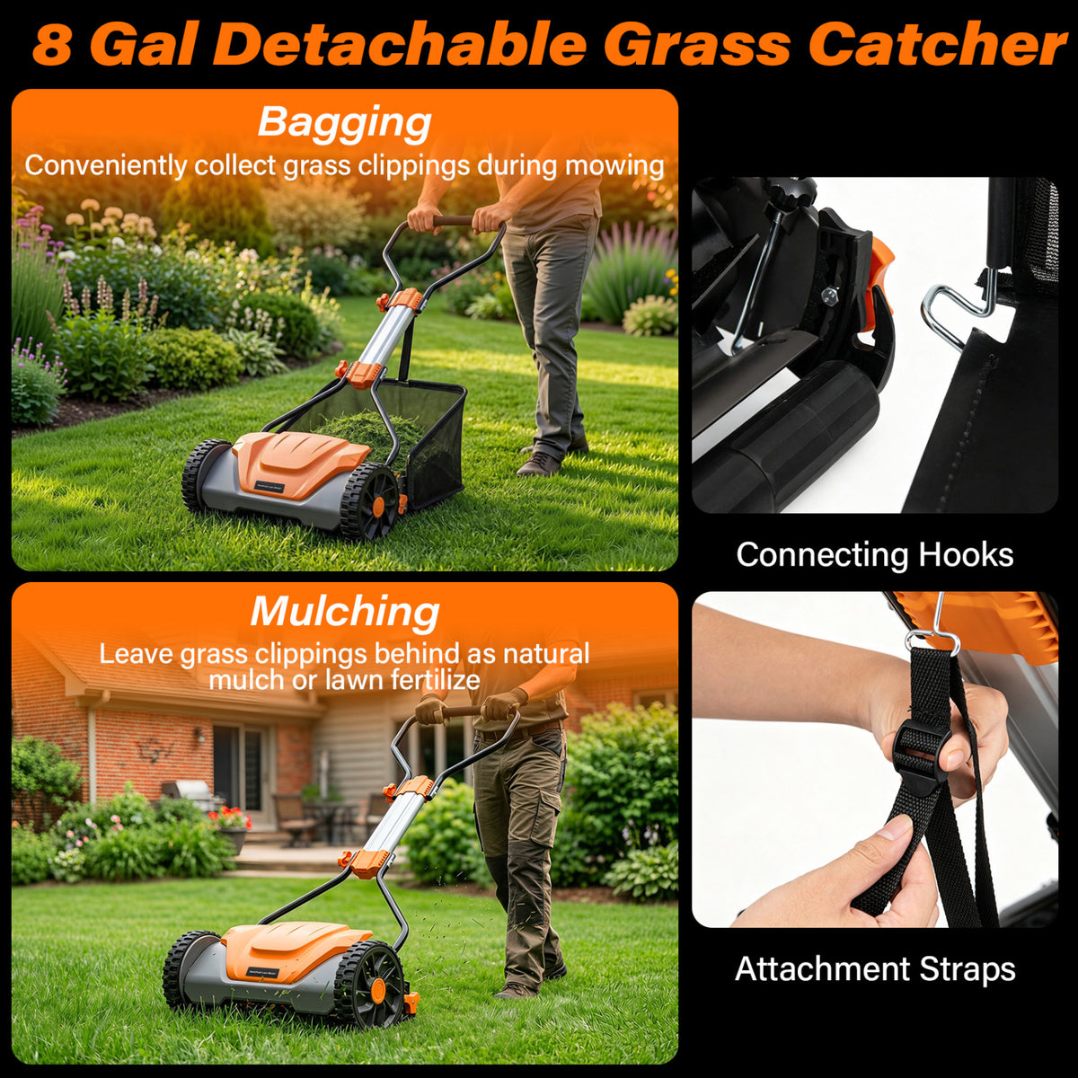 16 Inch Adjustable Cutting Heights 5-Blade Push Reel Lawn Mower with 8 Gal Removable Grass Catcher Bag-Orange
