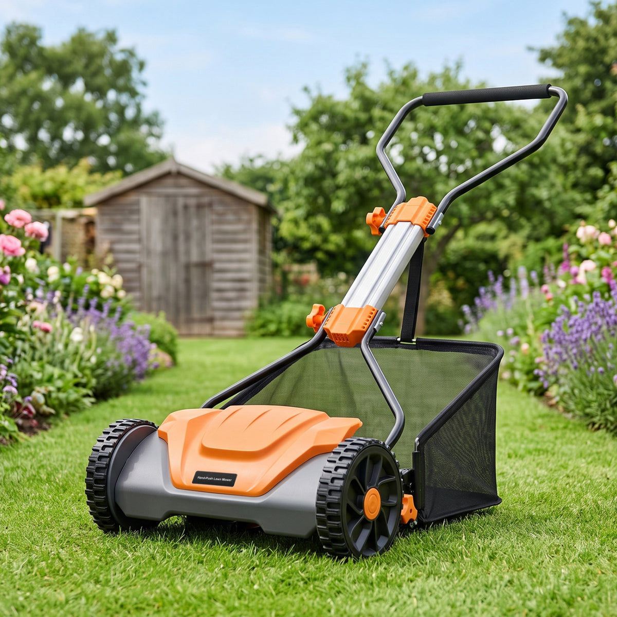 16 Inch Adjustable Cutting Heights 5-Blade Push Reel Lawn Mower with 8 Gal Removable Grass Catcher Bag-Orange