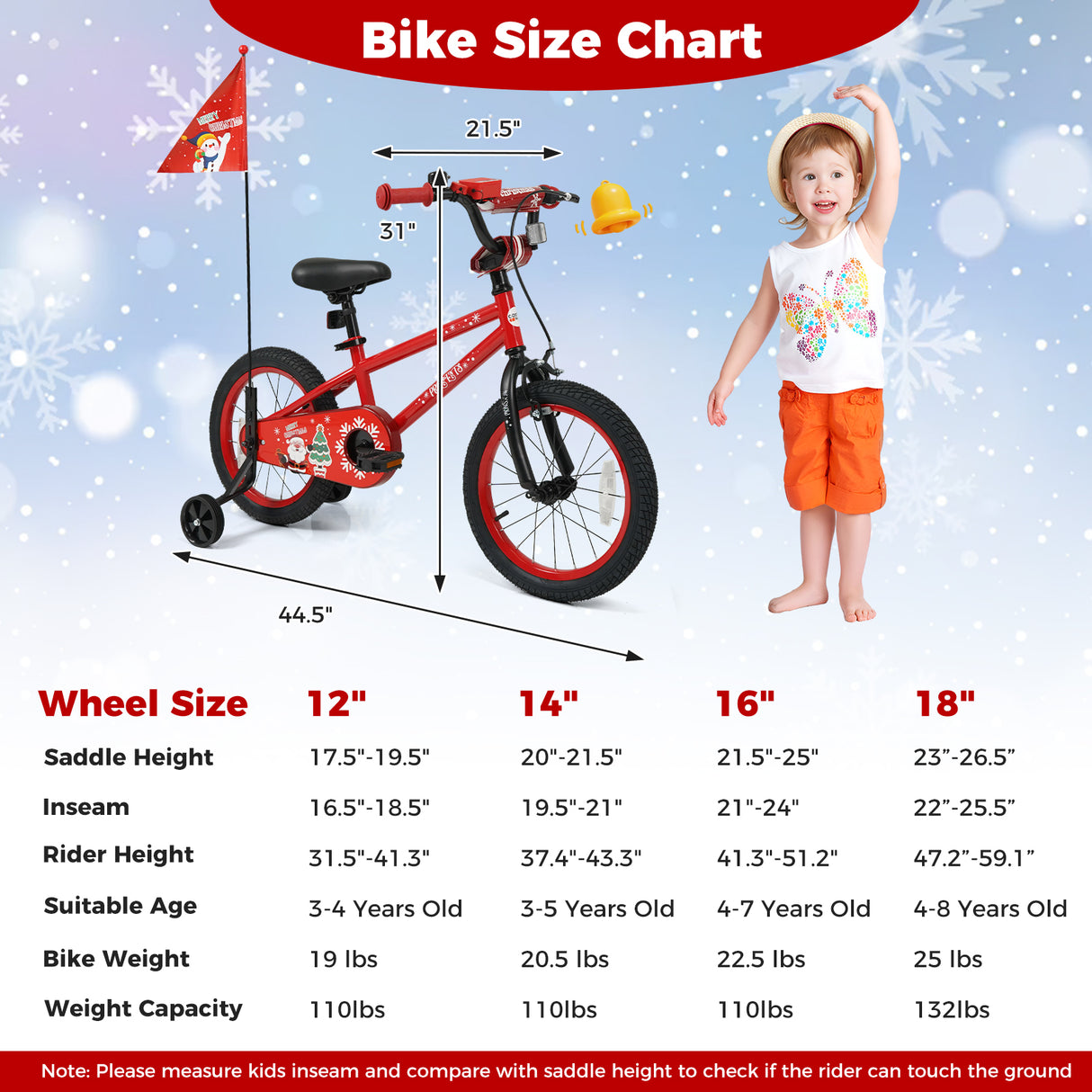 16 Inch Kids Bike Adjustable with Christmas Music & Flag for Aged 4-7 Years Old