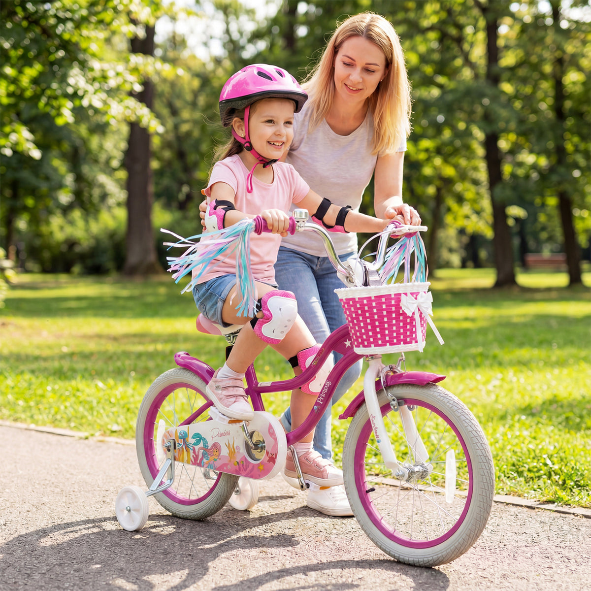 16-Inch Kids Bike Adjustable with Basket and Streamers Rose Red - Princess of the Sea Theme