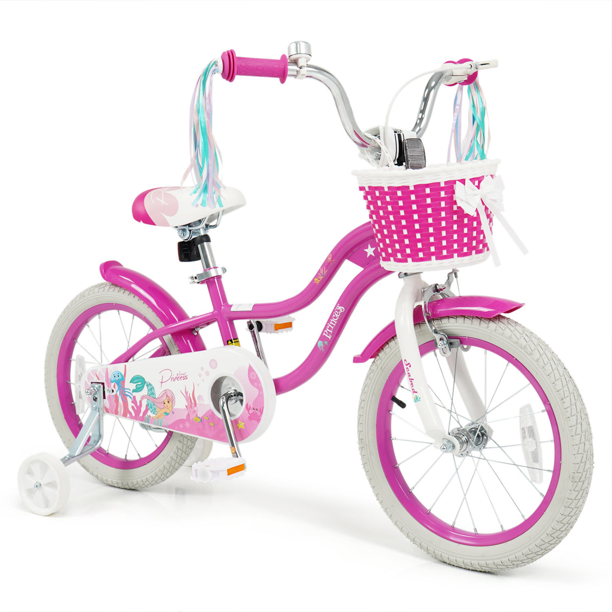 16-Inch Kids Bike Adjustable with Basket and Streamers Rose Red - Princess of the Sea Theme