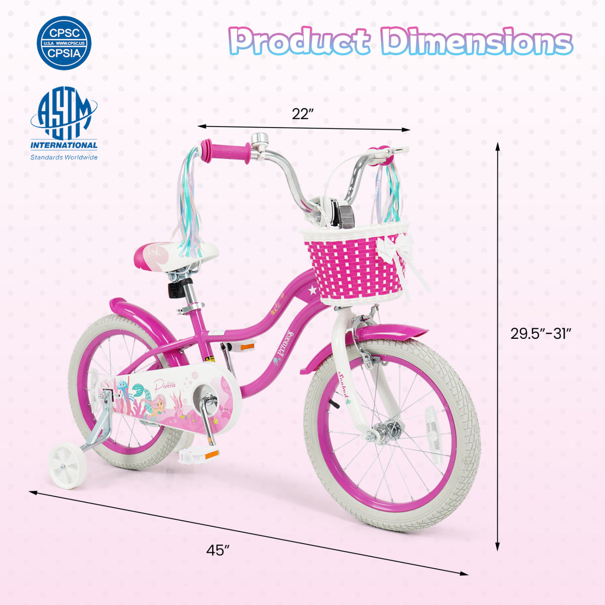 16-Inch Kids Bike Adjustable with Basket and Streamers Rose Red - Princess of the Sea Theme
