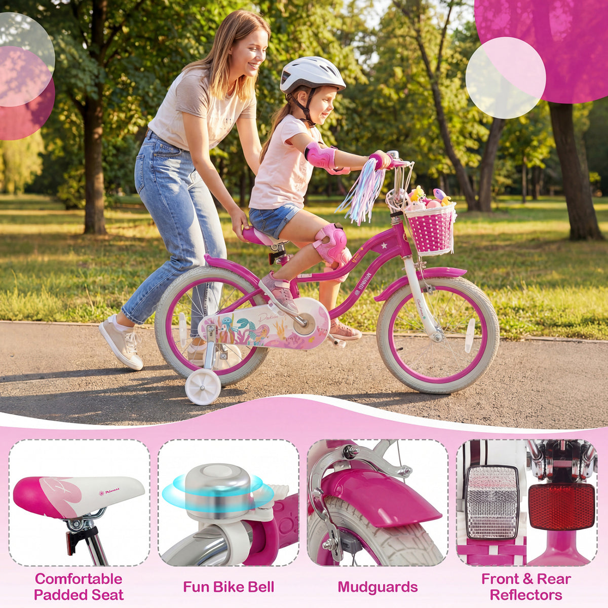 16-Inch Kids Bike Adjustable with Basket and Streamers Rose Red - Princess of the Sea Theme