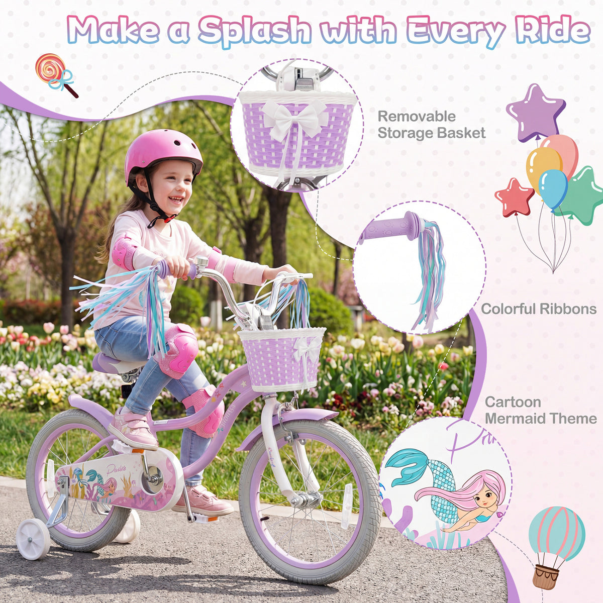 16 Inch Kids Bike Adjustable with Basket and Streamers Purple - Princess of the Sea Theme
