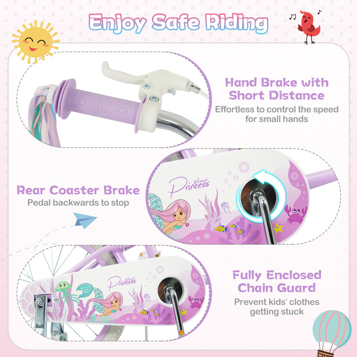 16 Inch Kids Bike Adjustable with Basket and Streamers Purple - Princess of the Sea Theme