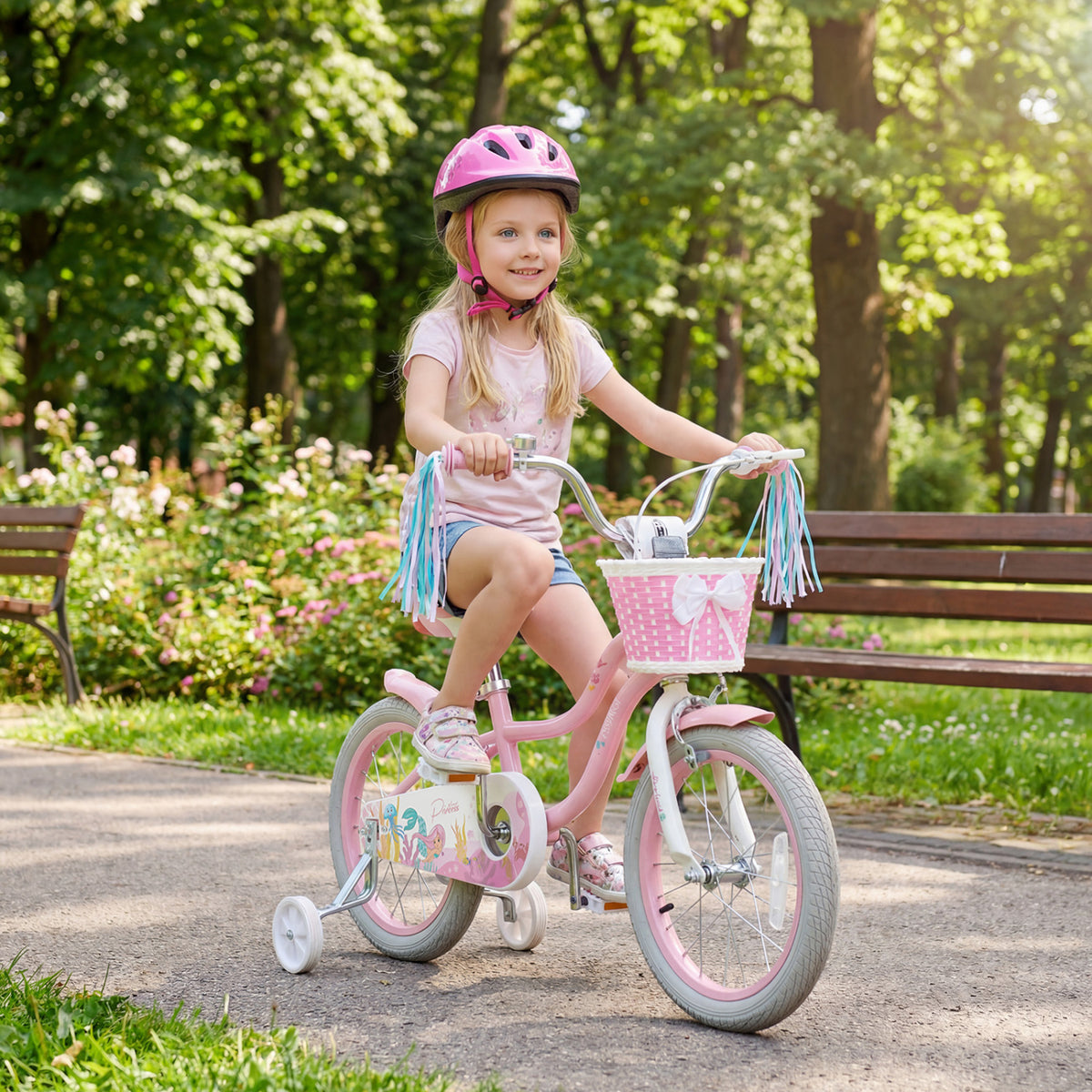 16 Inch Kids Bike Adjustable with Basket and Streamers for Girls Aged 4-7 Years Old Pink