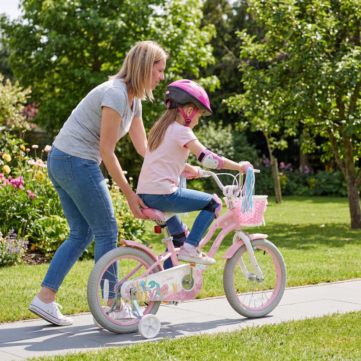 16 Inch Kids Bike Adjustable with Basket and Streamers for Girls Aged 4-7 Years Old Pink