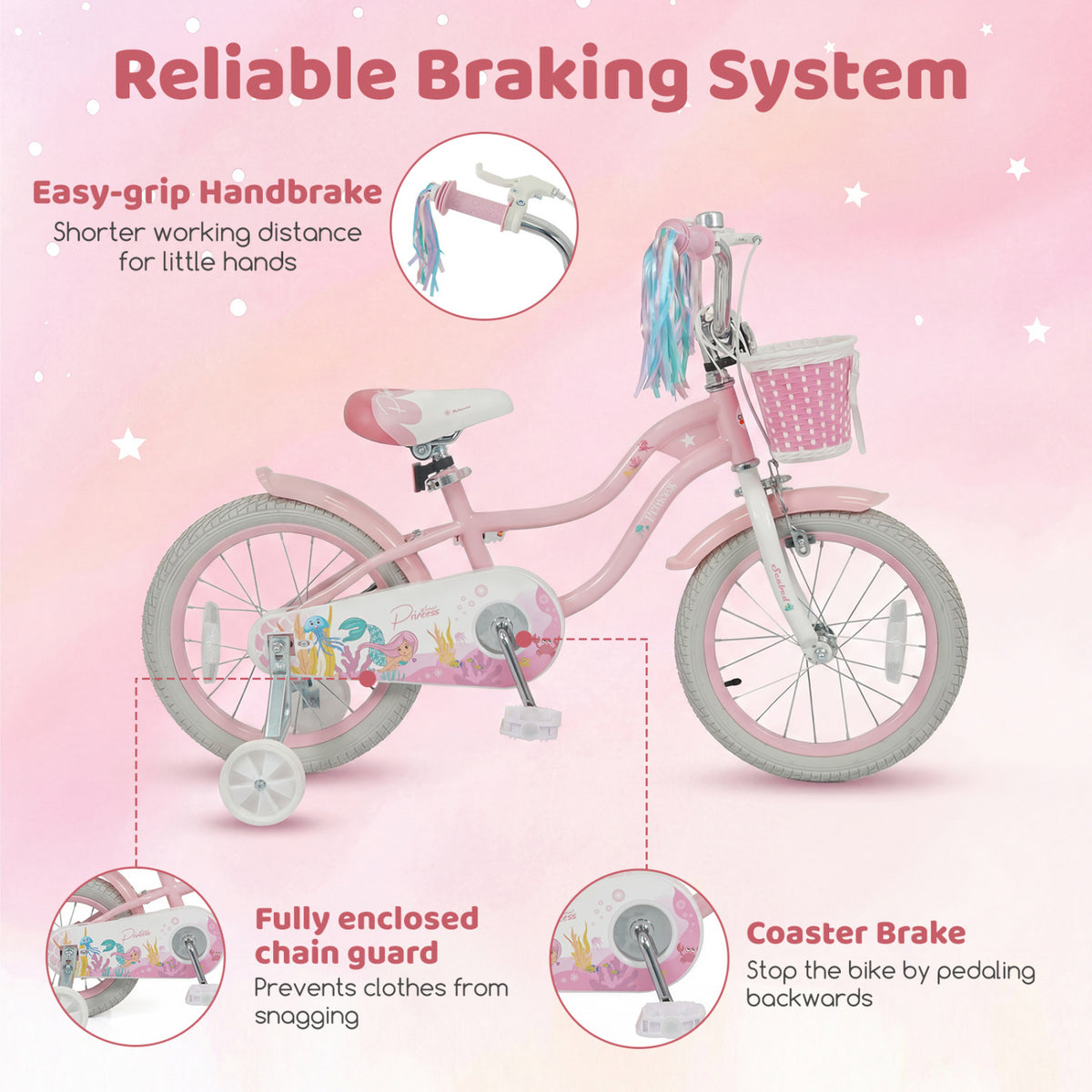 16 Inch Kids Bike Adjustable with Basket and Streamers for Girls Aged 4-7 Years Old Pink