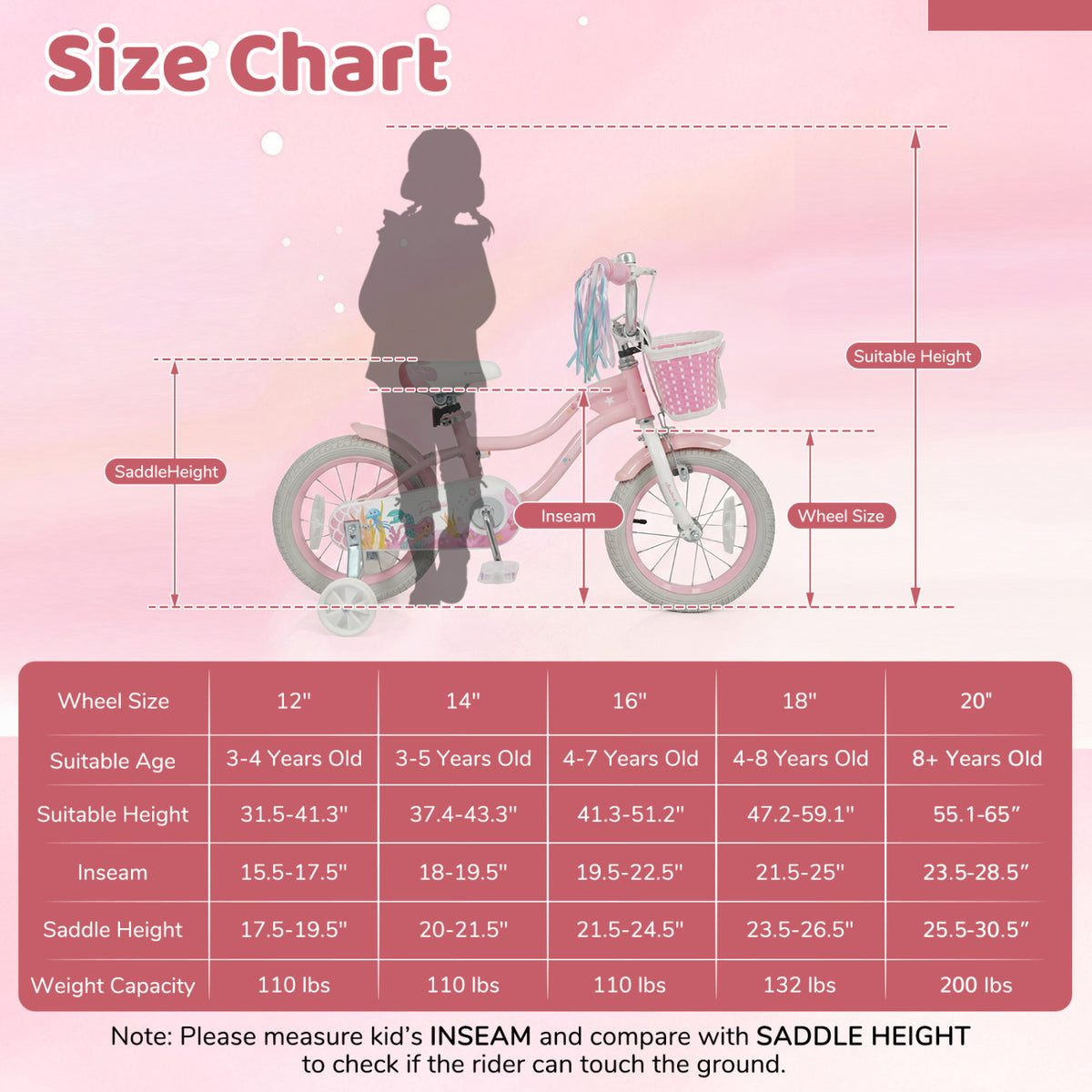 16 Inch Kids Bike Adjustable with Basket and Streamers for Girls Aged 4-7 Years Old Pink