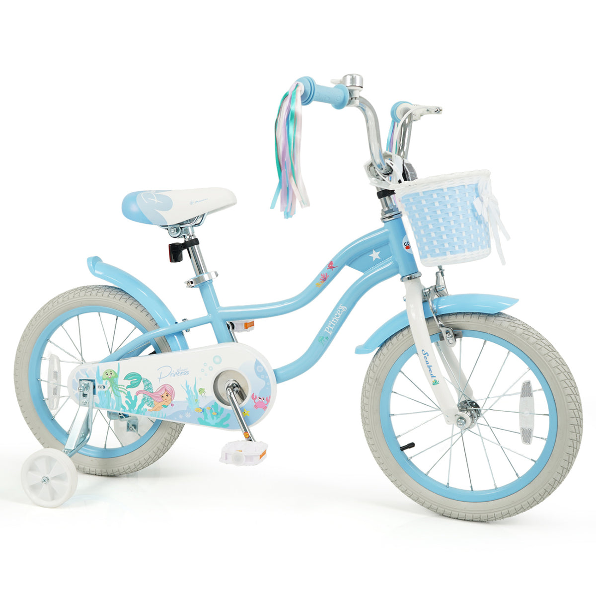 16 Inch Kids Bike Adjustable with Basket and Streamers Blue for Kids Aged 4-7 Years Old - Princess of the Sea Theme