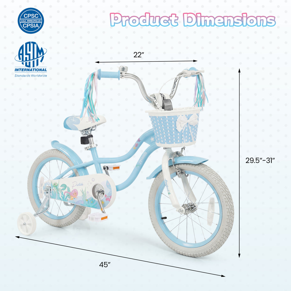 16 Inch Kids Bike Adjustable with Basket and Streamers Blue for Kids Aged 4-7 Years Old - Princess of the Sea Theme