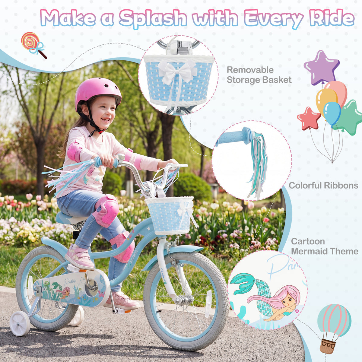 16 Inch Kids Bike Adjustable with Basket and Streamers Blue for Kids Aged 4-7 Years Old - Princess of the Sea Theme