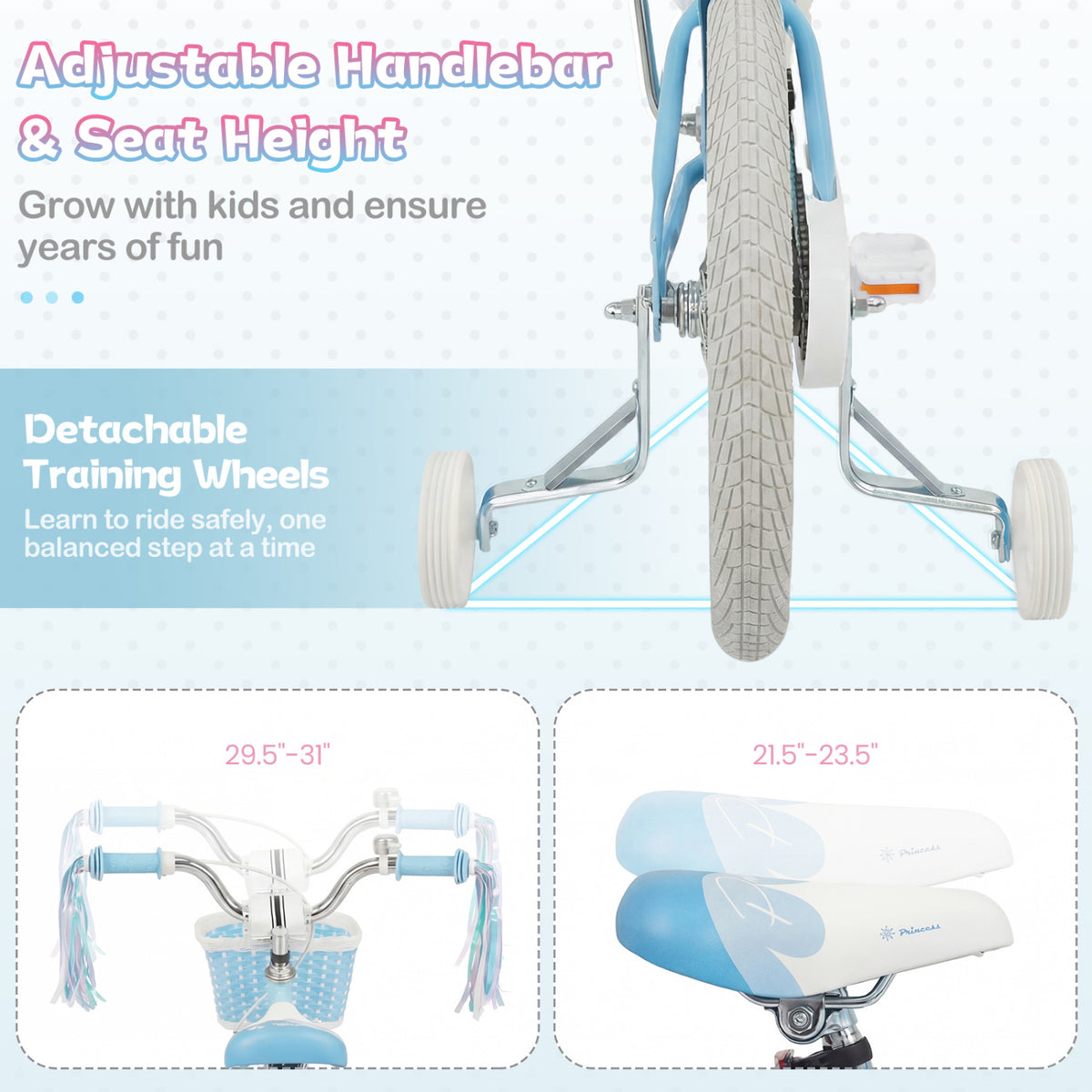 16 Inch Kids Bike Adjustable with Basket and Streamers Blue for Kids Aged 4-7 Years Old - Princess of the Sea Theme