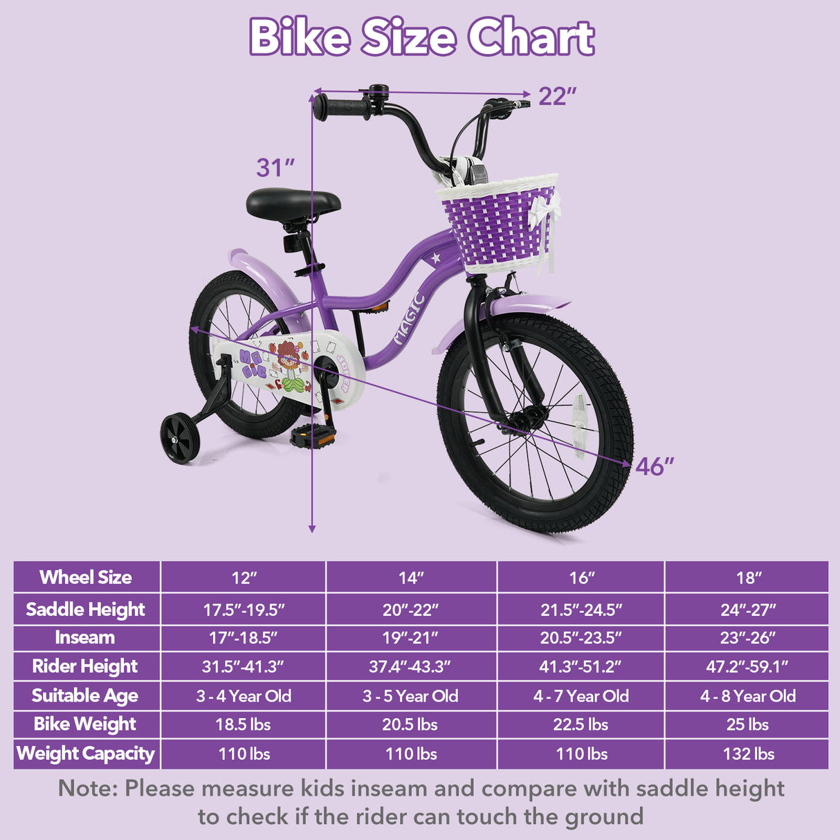 16 Inch Kids Bike with Training Wheels for Aged 4-7 Years Old - Magic Purple