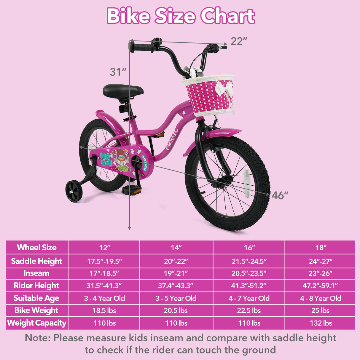 16 Inch Kids Bike with Training Wheels for Aged 4-7 Years Old - Magic Rose