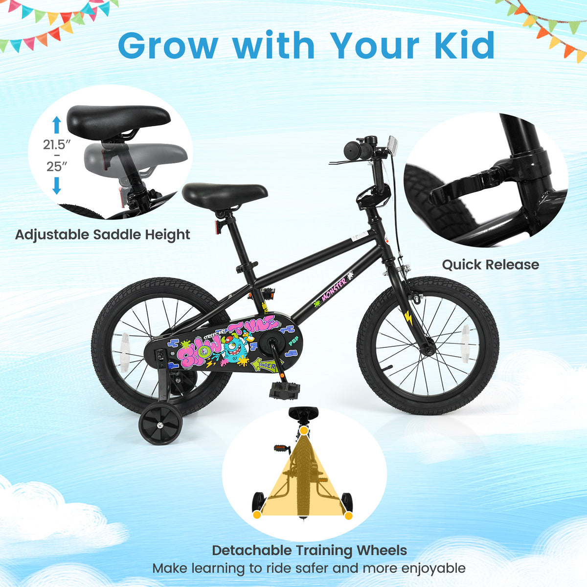 16 Inch Kids Bike with Training Wheels for Ages 4-7 Years Old Black- Street Art Time