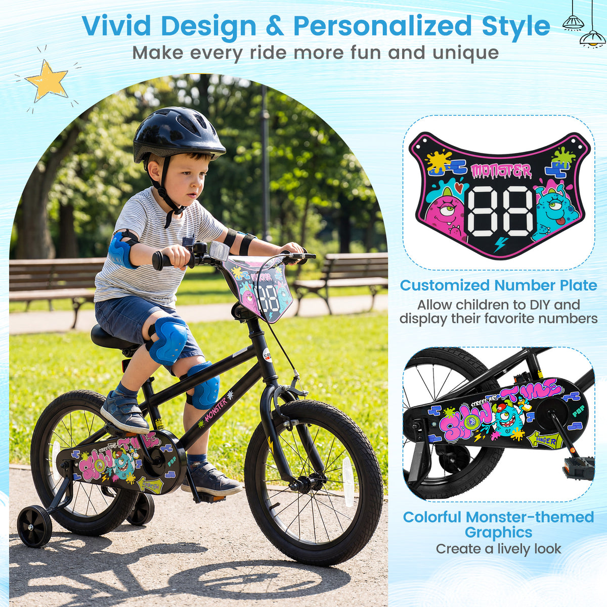 16 Inch Kids Bike with Training Wheels for Ages 4-7 Years Old Black- Street Art Time