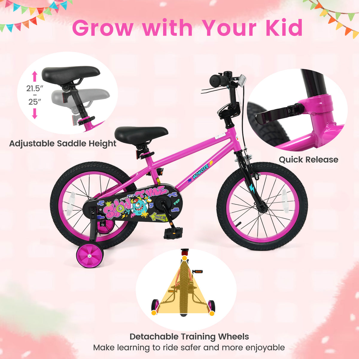 16 Inch Kids Bike with Training Wheels for Ages 4-7 Years Old Pink- Street Art Time