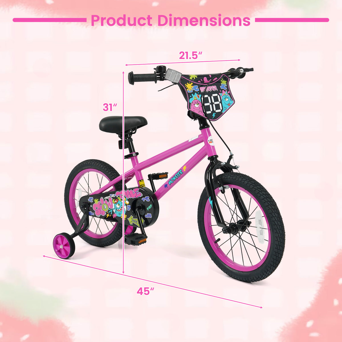 16 Inch Kids Bike with Training Wheels for Ages 4-7 Years Old Pink- Street Art Time