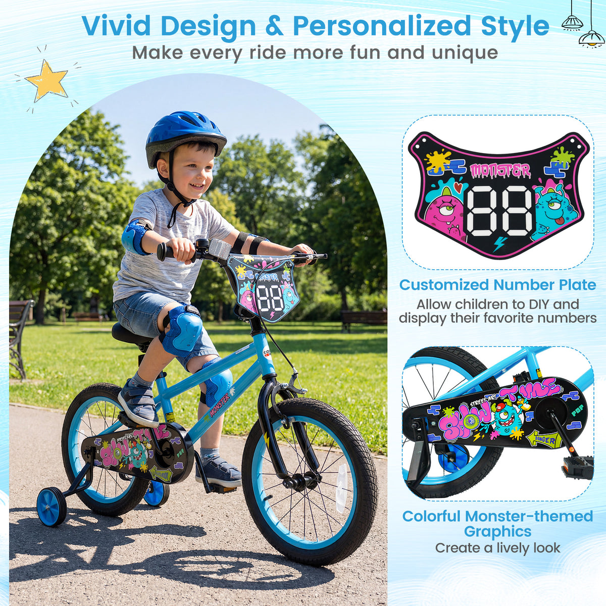 16 Inch Kids Bike with Training Wheels for Ages 4-7 Years Old Blue- Street Art Time