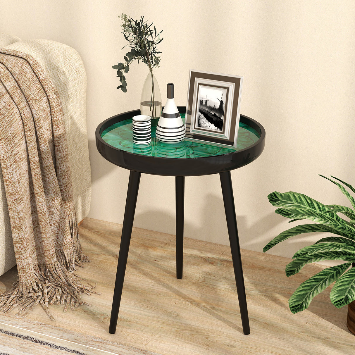 16 Inch Mid-century Modern Coffee End Table with Sea Shell Decoration-Green