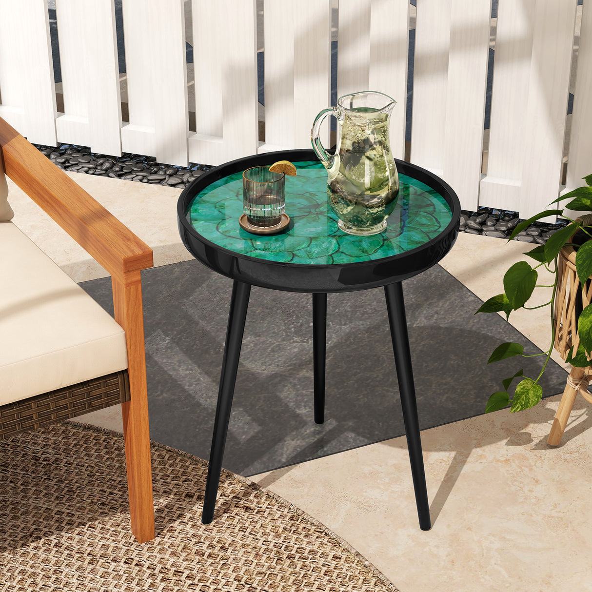 16 Inch Mid-century Modern Coffee End Table with Sea Shell Decoration-Green