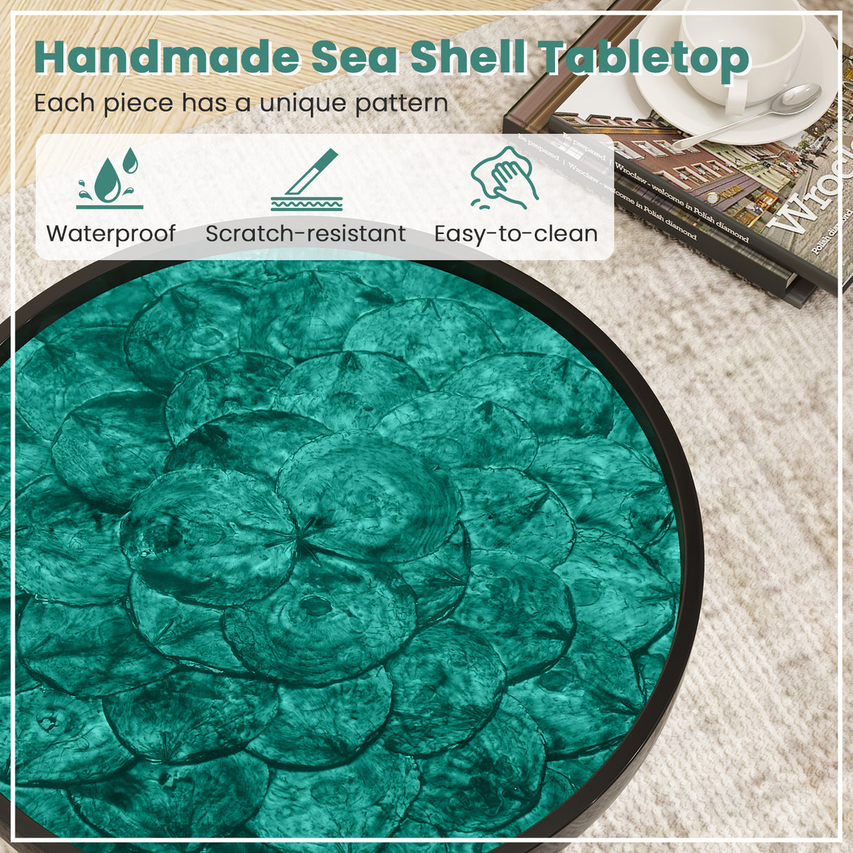 16 Inch Mid-century Modern Coffee End Table with Sea Shell Decoration-Green