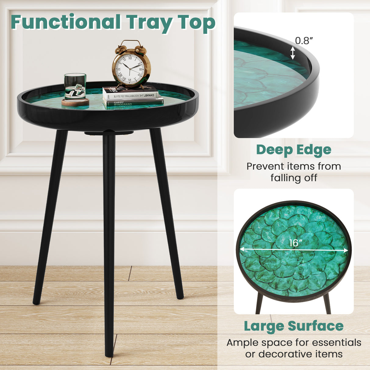 16 Inch Mid-century Modern Coffee End Table with Sea Shell Decoration-Green