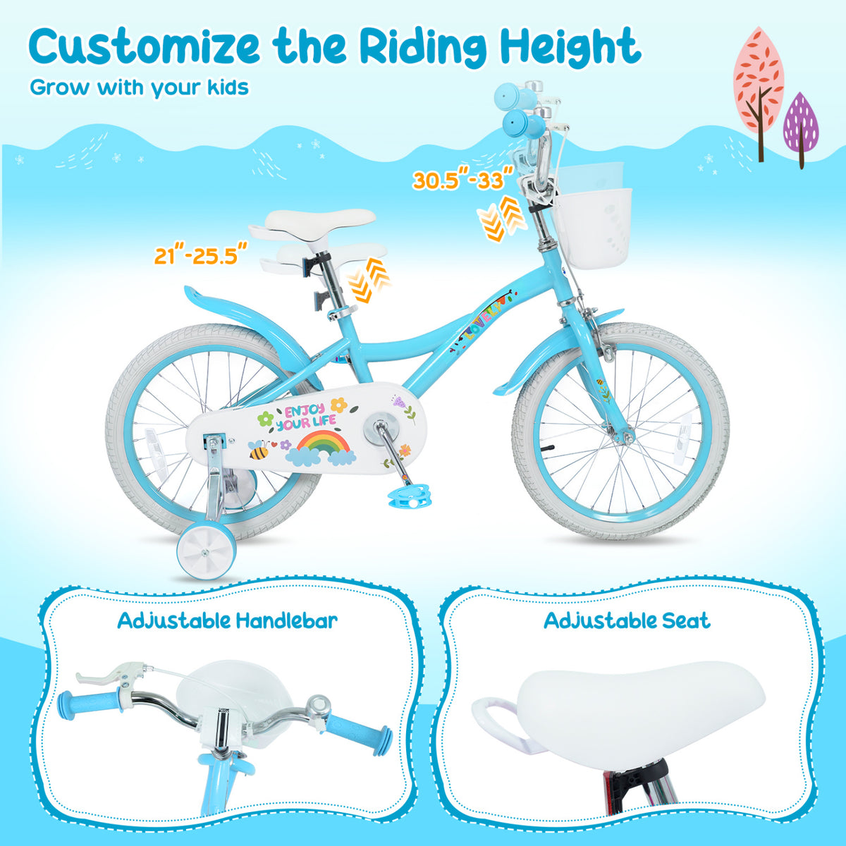 16 Inches Girls Bike for 4-7 Years Old with Training Wheels and Basket Spring Party Blue