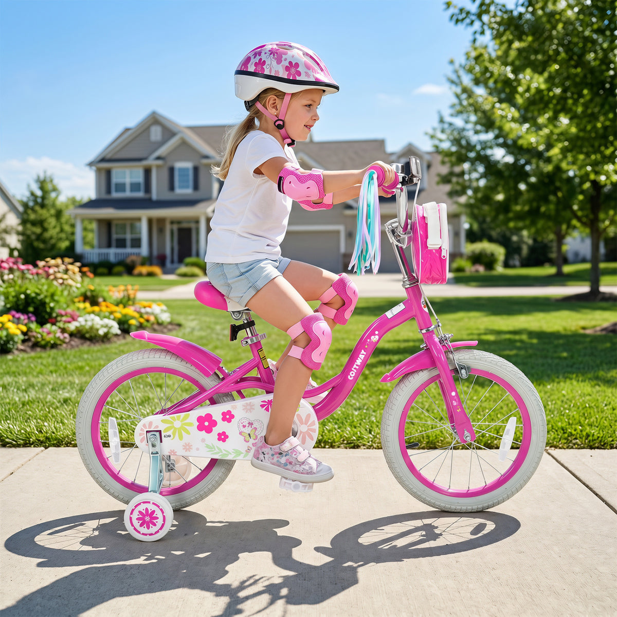 16 Inches Girls Bike with Front Bag and Streamers for 4-7 Years Pink
