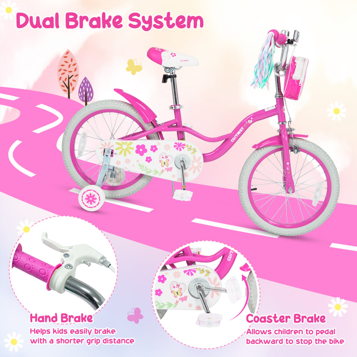 16 Inches Girls Bike with Front Bag and Streamers for 4-7 Years Pink