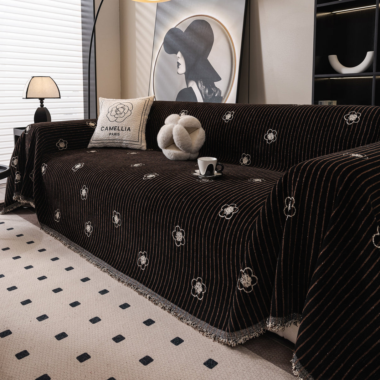 Chenille Camellia Floral Sofa Throw Cover Couch Blanket with Striped Jacquard