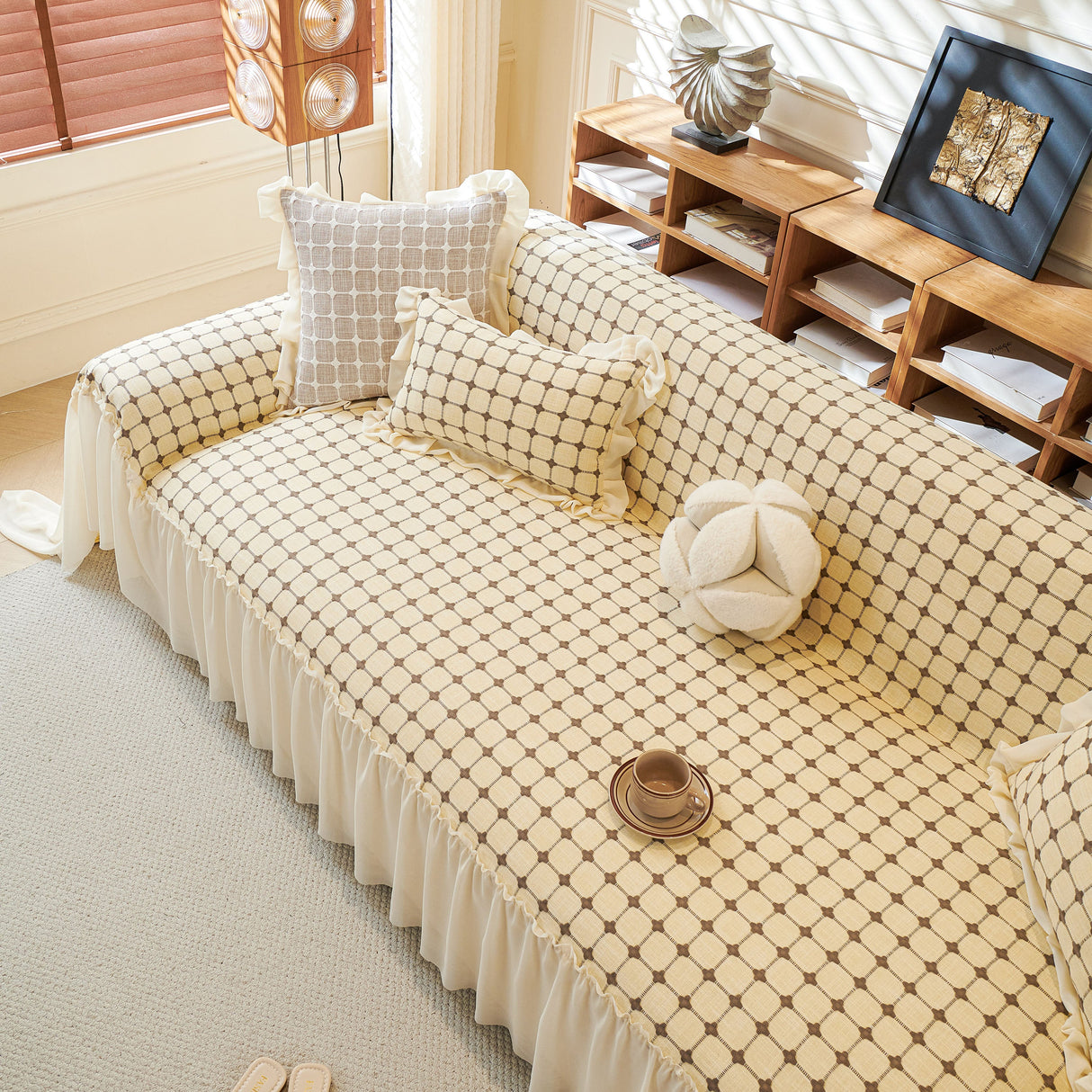 Grid Textured Sofa Cover with Sheer Ruffle Skirt, Pet-Friendly Sofa Throw Slipcover