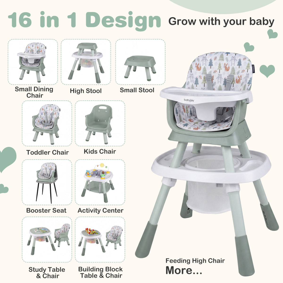 16-in-1 Baby High Chair with Activity Center and Booster Seat for Babies and Toddlers-Light Green