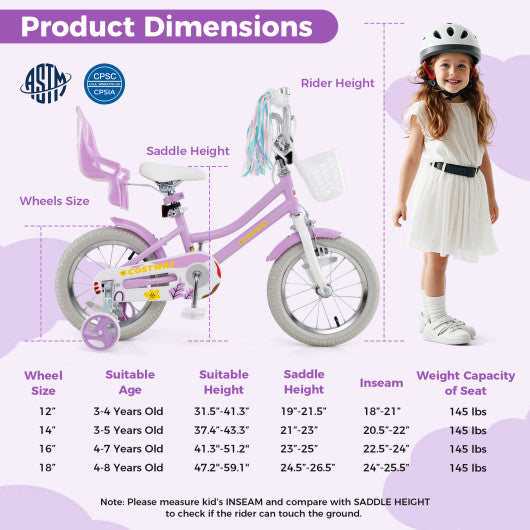 14 Inch Girls Bike Kids Bicycle with Doll Seat and Streamers for Children 3-5 Years Old