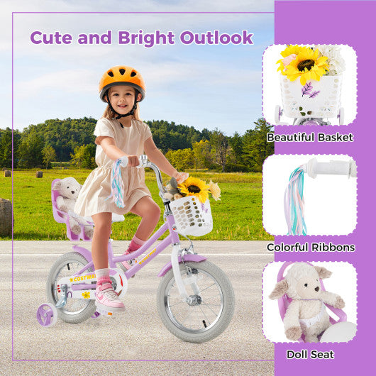 14 Inch Girls Bike Kids Bicycle with Doll Seat and Streamers for Children 3-5 Years Old